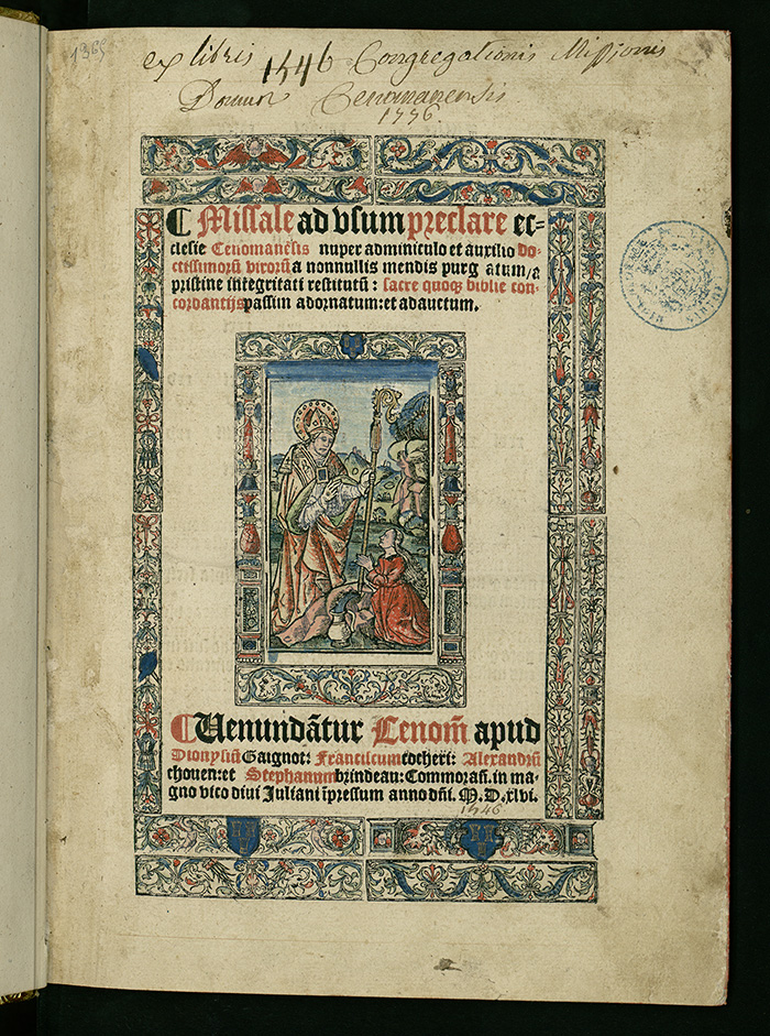 Missel du Mans, Rés. Maine F* 51, pages de titre | Crédits : Médiathèque Louis-Aragon du Mans | BVH, Tours. Projet BHLi, Biblissima.