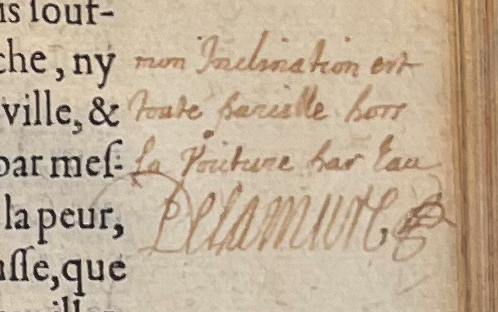 1.d. - Note marginale signée de La Mure. p. 79, Livre III. Les Essais, 1595. Exemplaire Laval.