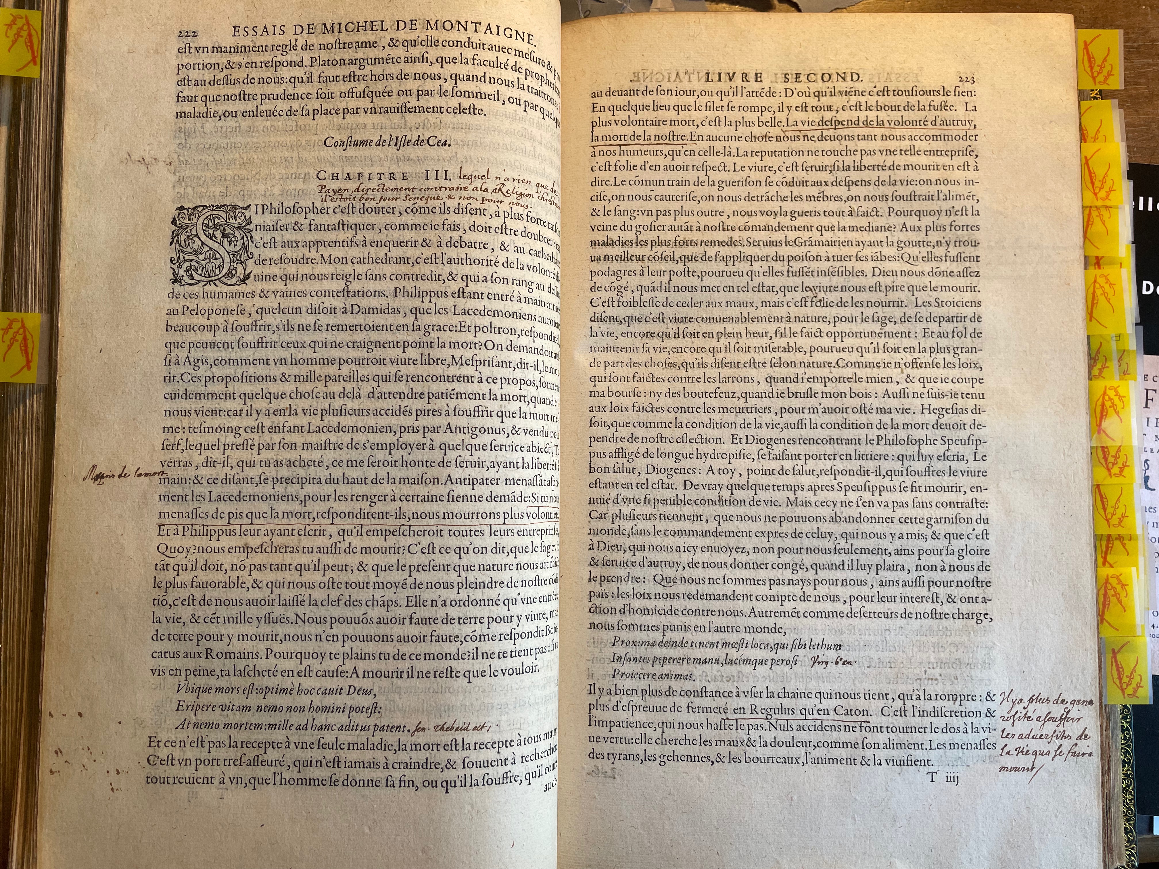 9. - p. 222-223, Livre II. Les Essais, 1595. Exemplaire Laval.
