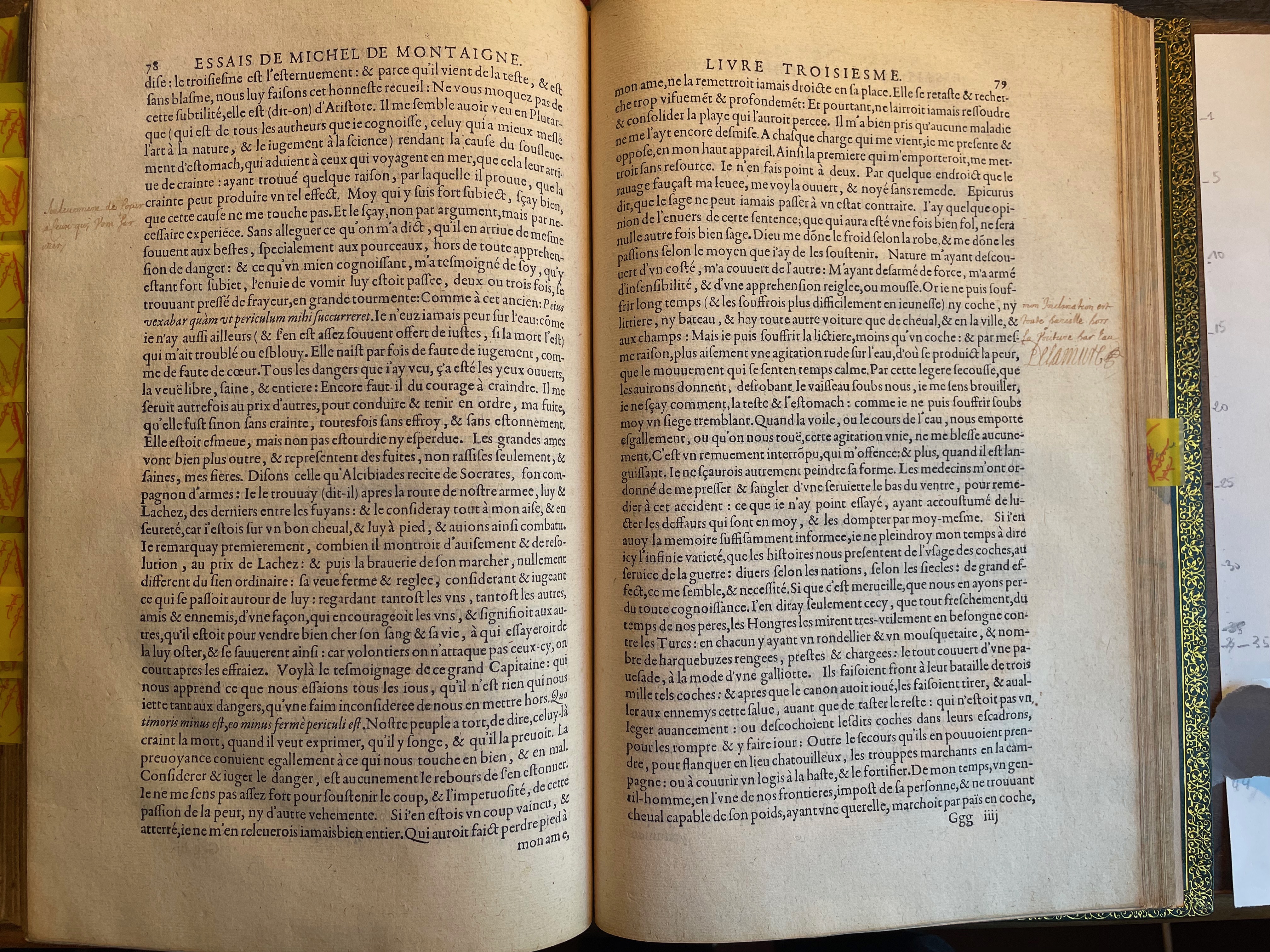 16. - p. 78-79, Livre III. Les Essais, 1595. Exemplaire Laval.