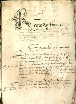 hartrier du Chateau de Couterne. 1540-1544. Page de titre. Version prparatoire.