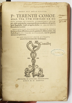 Page de titre. Terentius Afer, Publius. Comoediae. B�le : H. Froben et N. Episcopius. 1538. | Cr�dits : Droits r�serv�s. Source : CESR-BVH, Tours. Collection priv�e.
