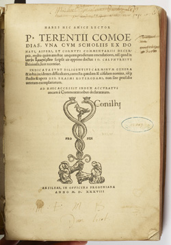 Page de titre. Terentius Afer, Publius. Comoediae. Ble : H. Froben et N. Episcopius. 1538. | Crdits : Droits rservs. Source : CESR-BVH, Tours. Collection prive.