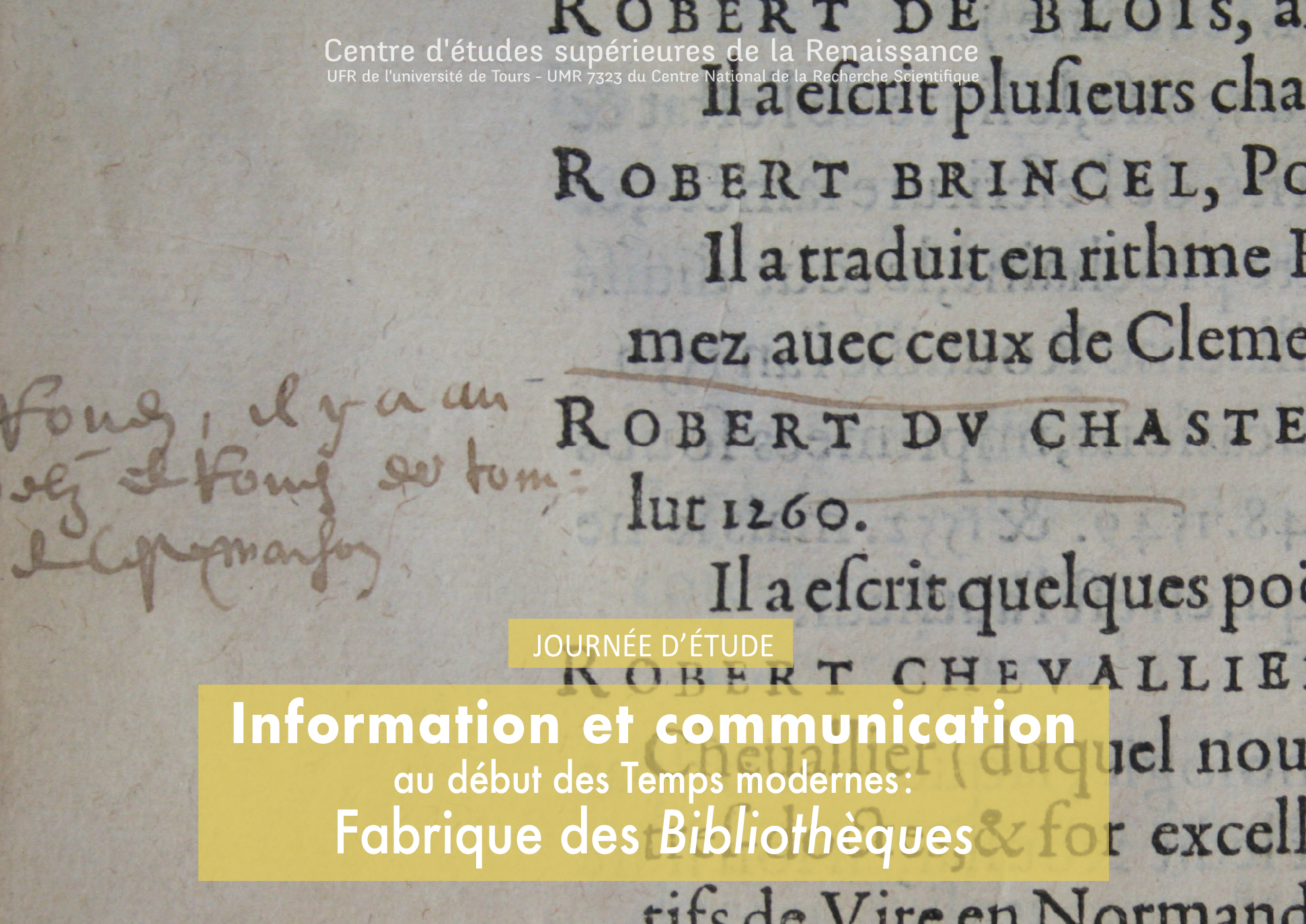 bandeau affiche journée d'étude du 1er juin - Illustration :  François Grudé, sieur de La Croix du Maine, Premier livre de la Bibliotheque, Paris, Abel L'Angelier, 1584. Bibliothèque municipale de Rouen, [U 721-2, p. 442] (détail)