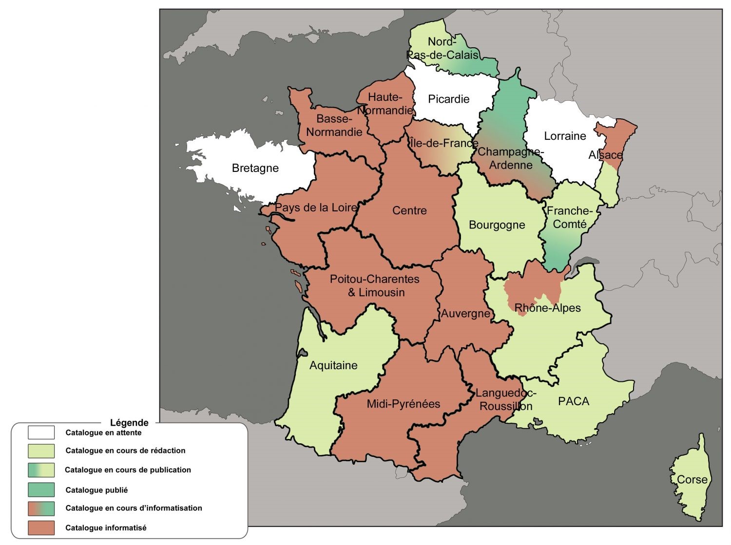 Carte de la France : avancement 2017 du catalogage papier et/ou informatisé pour chaque grande région