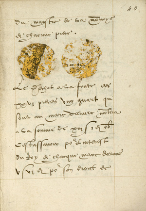 Feuillet extrait du Traité de suputation de la valeur des monnaies, Jacques Colas,1557, représentant la trace d'une monnaie.